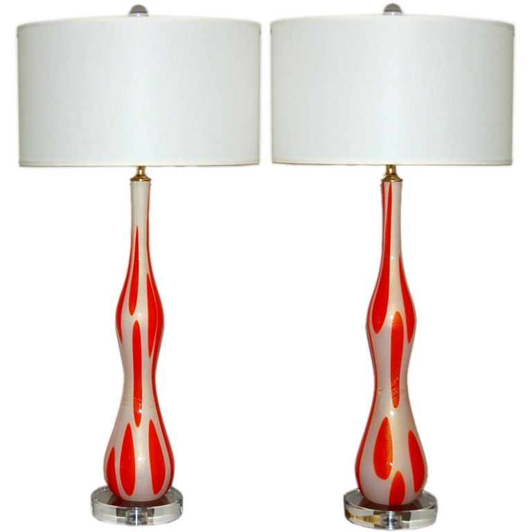 Pair of Vintage Orange and White Murano Lamps by Barbini