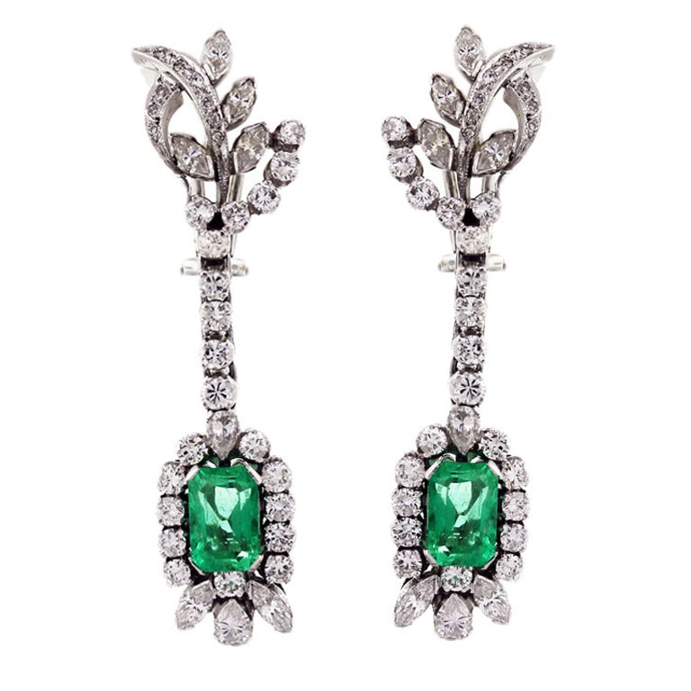 Emerald and Diamond Drop Earrings, emerald earrings, emerald diamond earrings first dibs