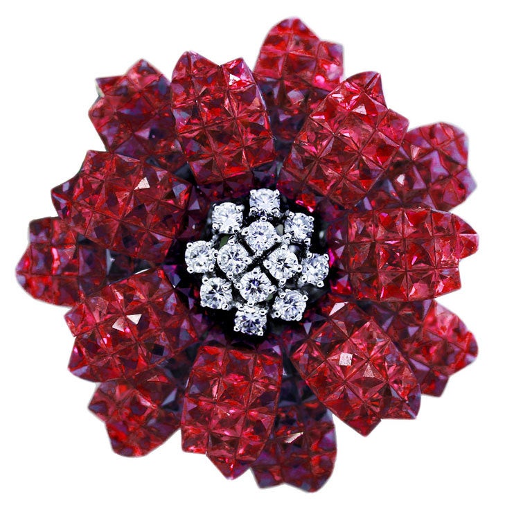 Invisible Set Ruby and Diamond Flower Pin
