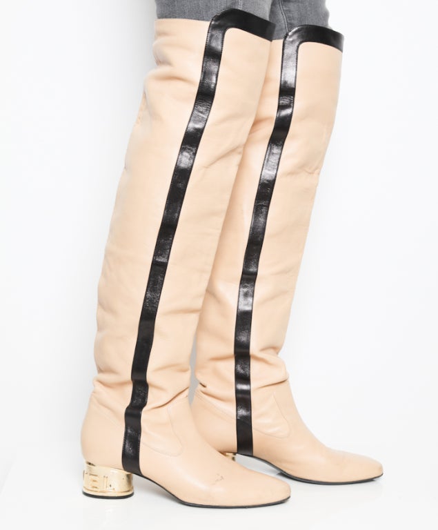 Chanel Cream Leather Boots With Gold Logo Heel at 1stdibs