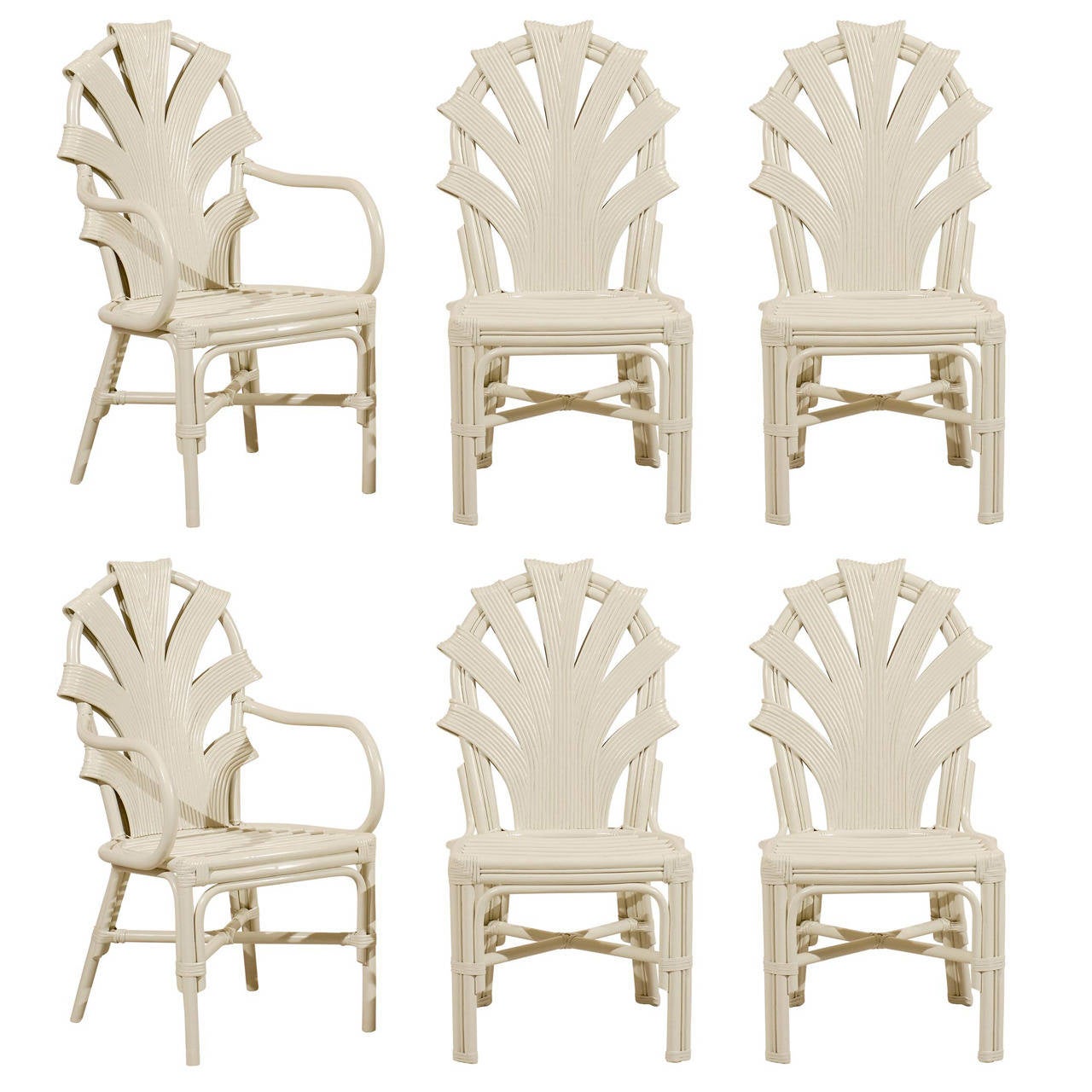 Exceptional Set of Six Vintage Rattan Dining Chairs in Cream Lacquer at