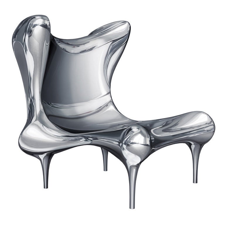 Image of Riemann chair in mirror polished stainless steel that looks very modern and futuristic.