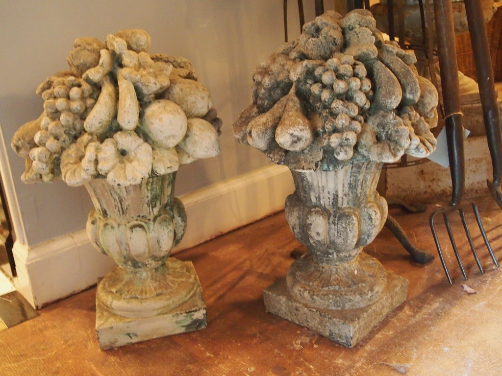 Pair of Weathered Cast Stone Fruit Urns image 2