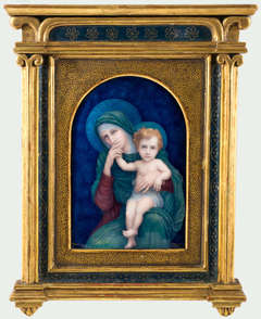 Madonna and Child Limoges Porcelain Placa em Gilt Tabernáculo Quadro