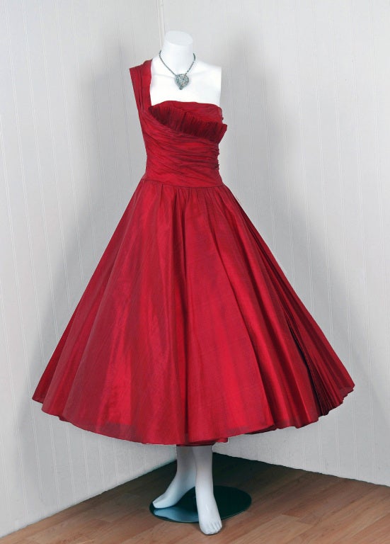1950's Fred Perlberg Cherry-Red Silk One-Shoulder Party Dress at 1stdibs