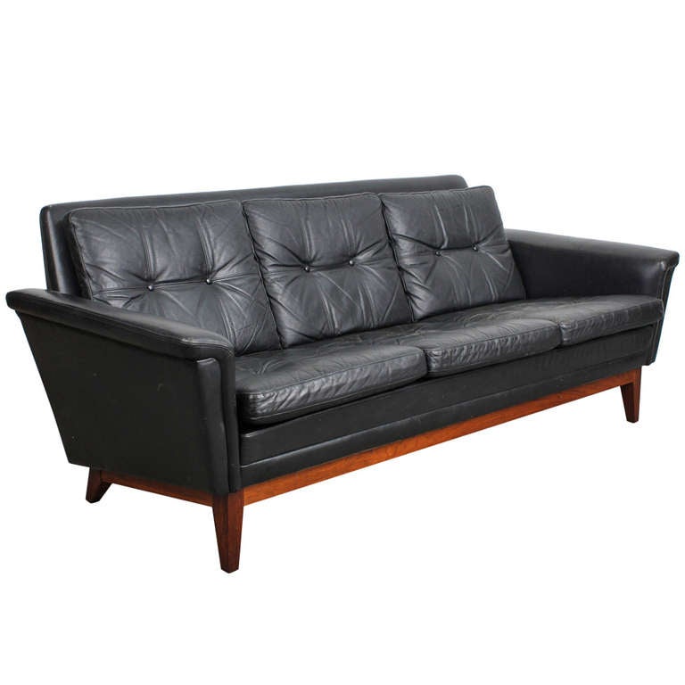 Vintage Black Leather Mid Century Modern Sofa with ...