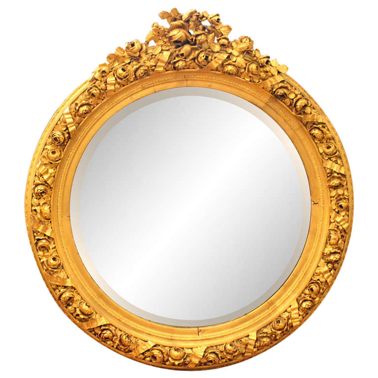 Large Ornate Round Gold Gilded Framed Beveled Glass Mirror ...