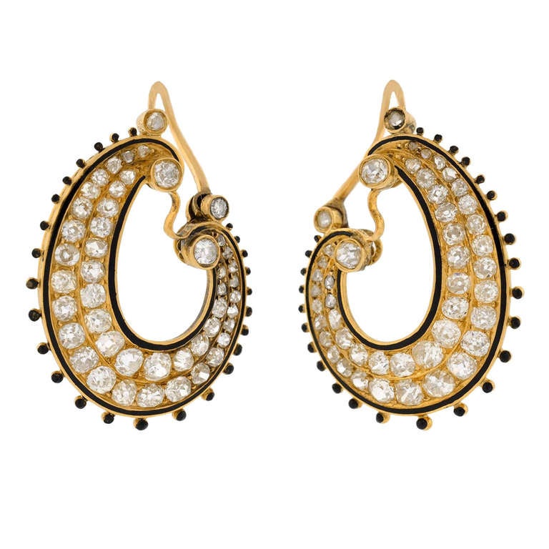 Victorian diamond-and-enamel hoop earrings, ca. 1880
