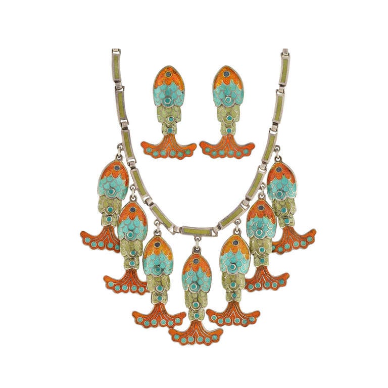 Mexican enamel fish necklace and earring set, by Margot de Taxco, ca. 1950
