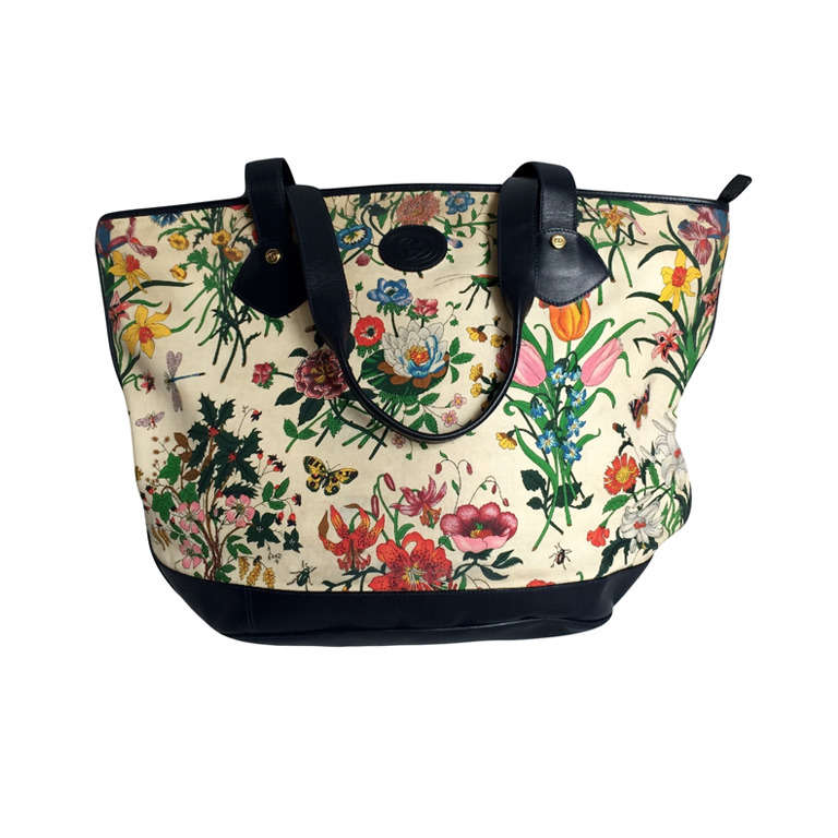 Gucci Flora Print Leather and Canvas Tote at 1stdibs